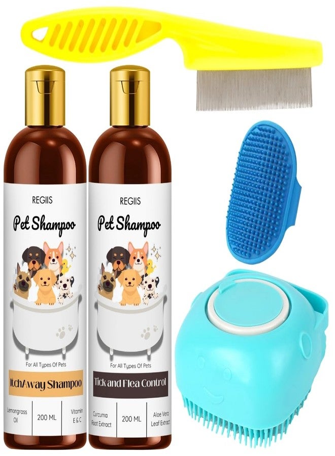 Regiis Pet Shampoo Set with Grooming Brush, Tick Away and Flea Control Formula, Lemongrass Oil, Curcuma Extract, 200ml, 2 Pack(Pack of 5) - Image 1